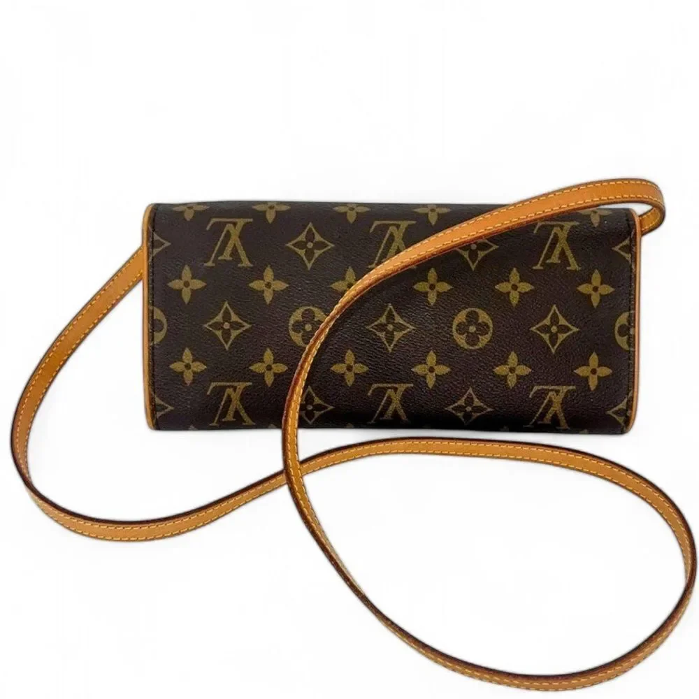 Authentic LOUIS VUITTON Pochette Twin Dark Brown Logo Monogram Shoulder …